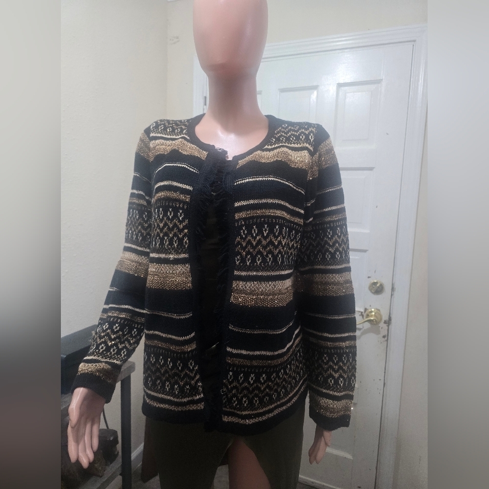 Black and Gold Patterned Women's Cardigan Sweater